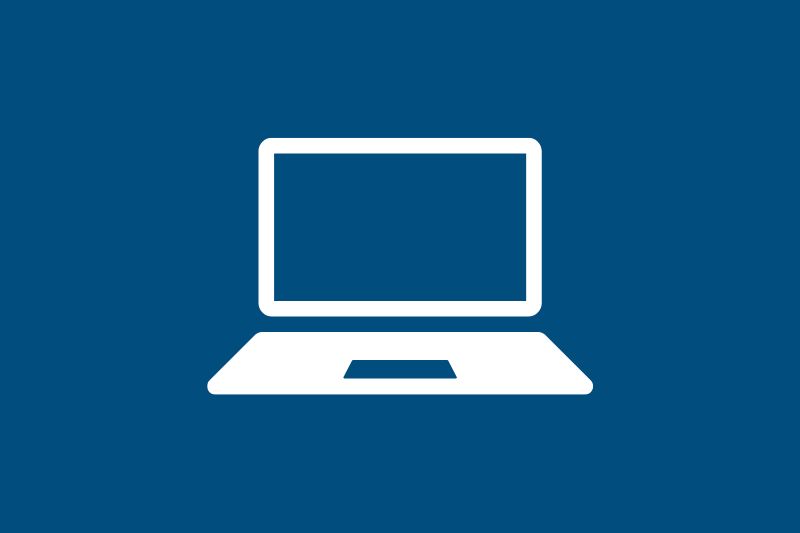 Infographic showing simple laptop line drawing in white against navy blue background